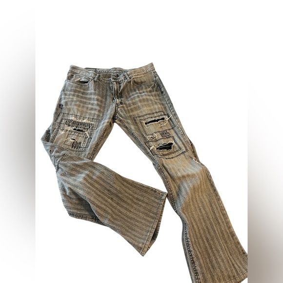 Rupert Difference Japanese Brand Distressed Patchwork Striped Jeans Sz 32 - Picture 2 of 12
